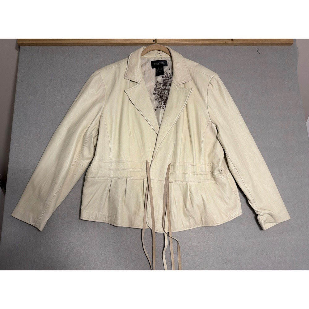 Brandon Thomas Cream Genuine Leather Wrap Tie Peplum Jacket Plus Size 3X